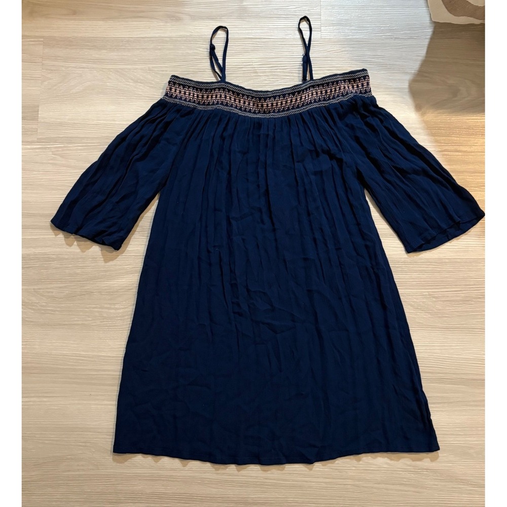 Lascana Women Dress Navy Blue Embroidered Off Shoulder Boho Bell Sleeve Size 10